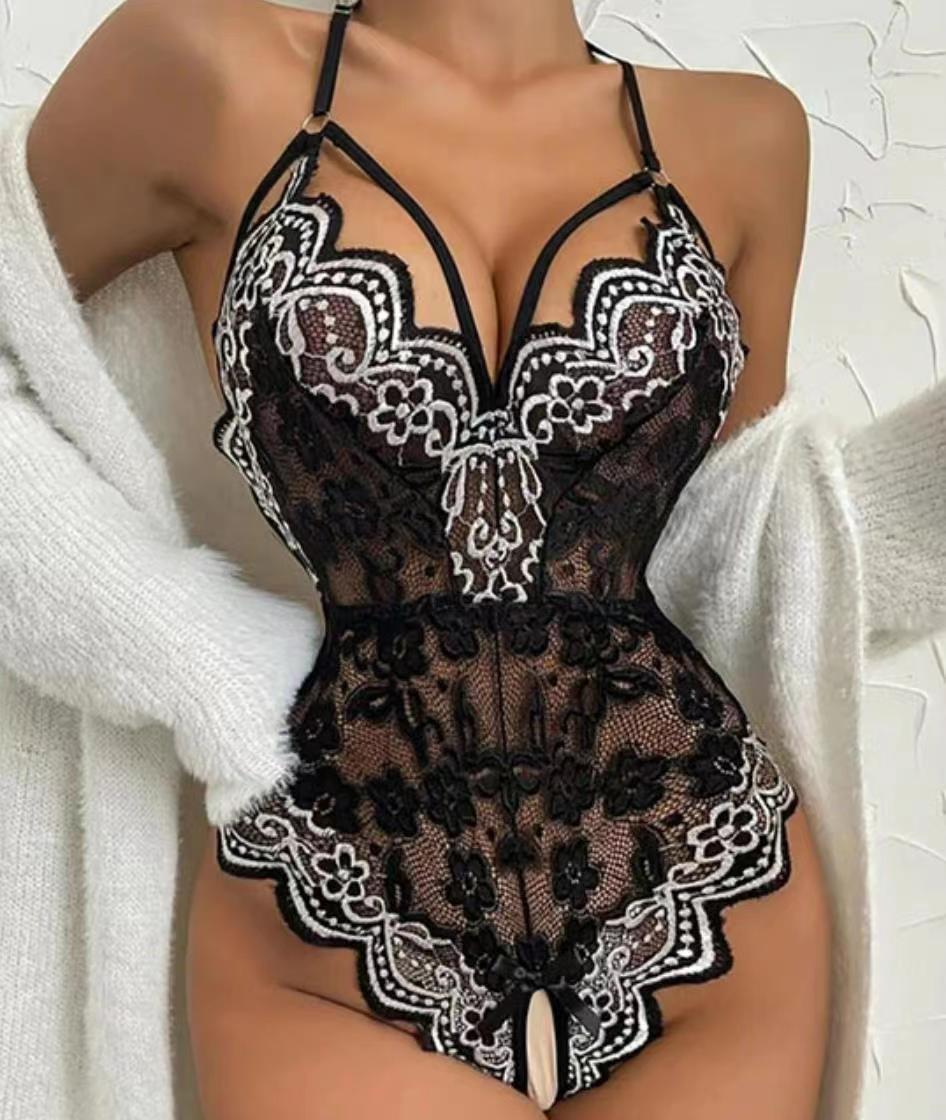 Buy black Women&#39;s Lingerie Bodysuit sexy Crotchless seductive transparent lace