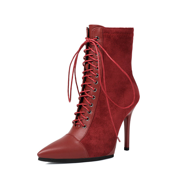 Women's Short Boots High Heels Elegant Pointed Knight Drawstring