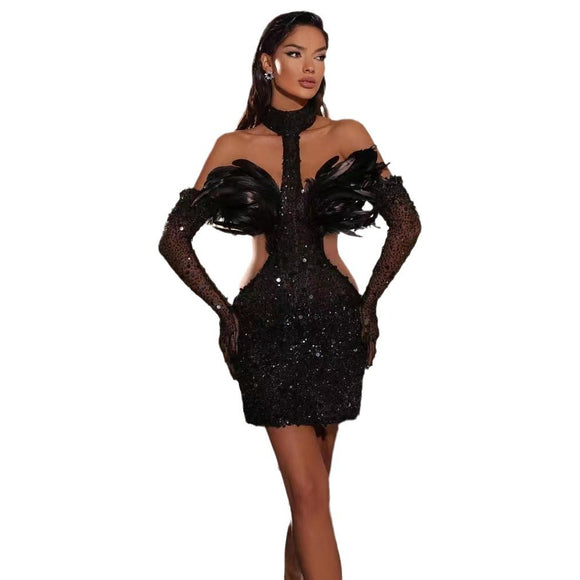 Mini Dress Evening elegant, sequin feather halter with gloves.