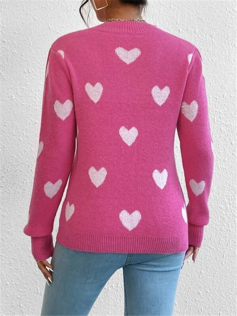 Women's Sweater knitted loose round neck elegant, heart pattern, soft