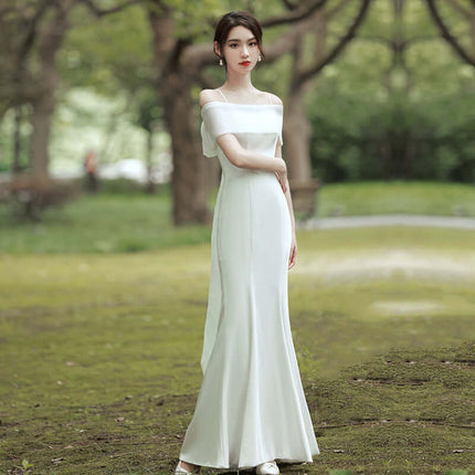 Women's Light Wedding Dress Satin Strap Suspender Tail Gown