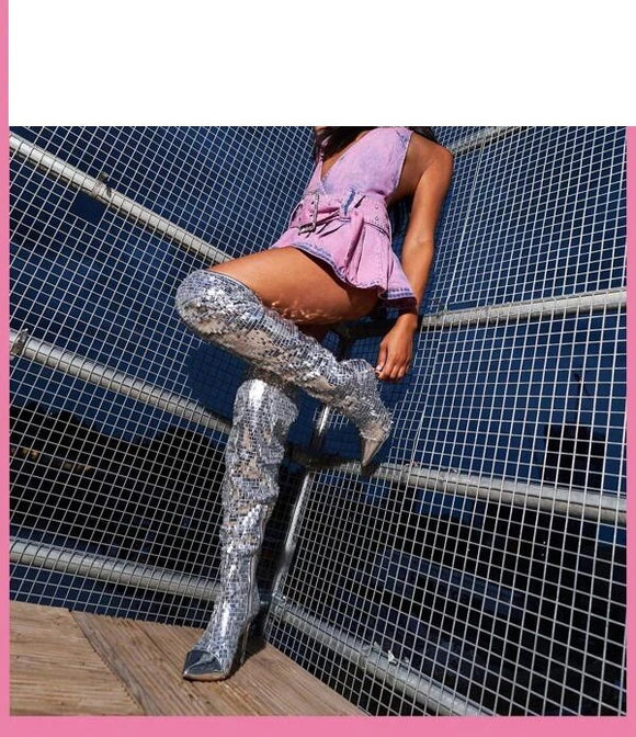 Women’s Knee-High Boots Elegant Sequins Over-the-Knee Party Glam