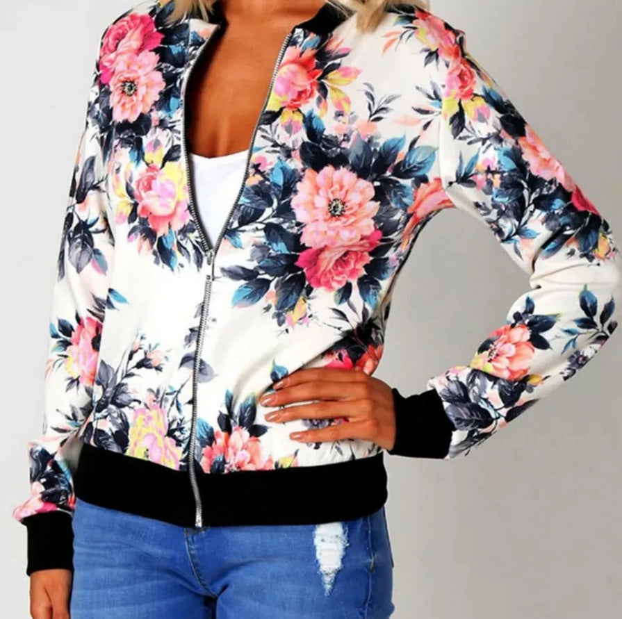 Women's jacket baseball elegant printed long sleeve zipper light