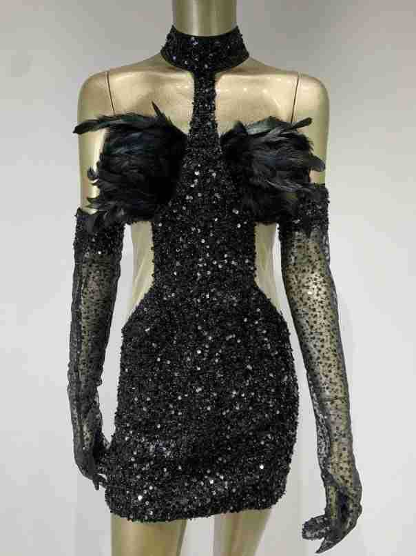 Acheter noir Mini robe de soirée élégante en plumes et paillettes dos nu sexy, avec des gants