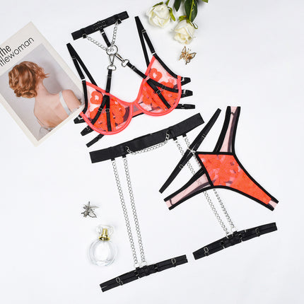 Buy black-and-orange-color Women's lingerie set sexy contrast color embroidered detachable