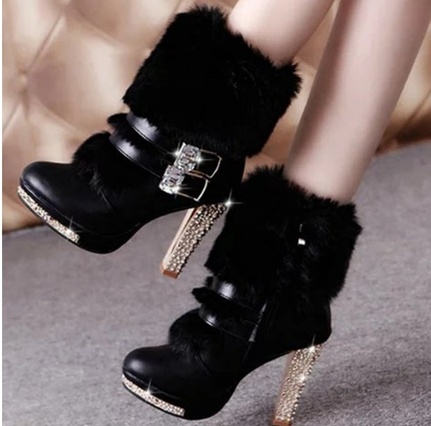 Women's Boots rhinestone fur high heels elegant, warm, comfort