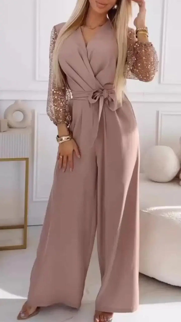 Women's Elegant Jumpsuit Sequined Top Wide Leg Pants Casual Suit