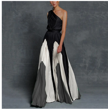 Women's Pleated Printed Long Dress, Strapless Contrast Stitching