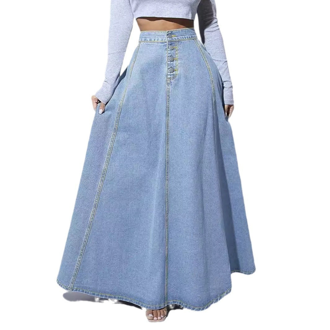 Women's long skirt in denim elegant pleated buttoned