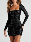 Women's Sexy Dress Elegant Backless Sequins Slim Square Neck Long Sleeves-6