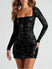 Women's Sexy Dress Elegant Backless Sequins Slim Square Neck Long Sleeves