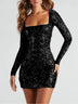 Women's Sexy Dress Elegant Backless Sequins Slim Square Neck Long Sleeves