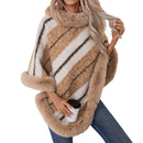 Women's Cape fur collar striped elegant, knitted shawl sweater, plush scarf