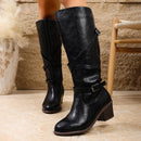 Women’s Knee-High Boots Elegant Retro Cross Belt Buckle Mid Heel Knight-7