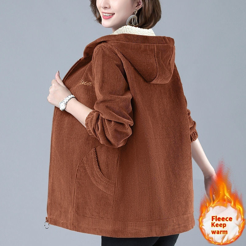 Women's coat corduroy thick fleece lined elegant hooded warm