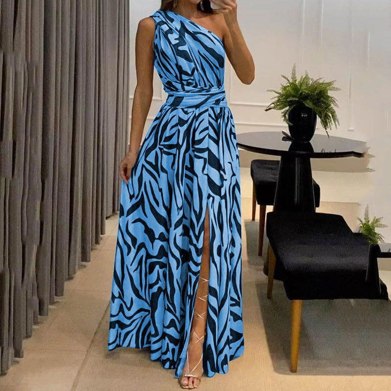 New Dress Exposed Back, Asymétrique Épaule Dénudée, Printed Maxi, Sexy
