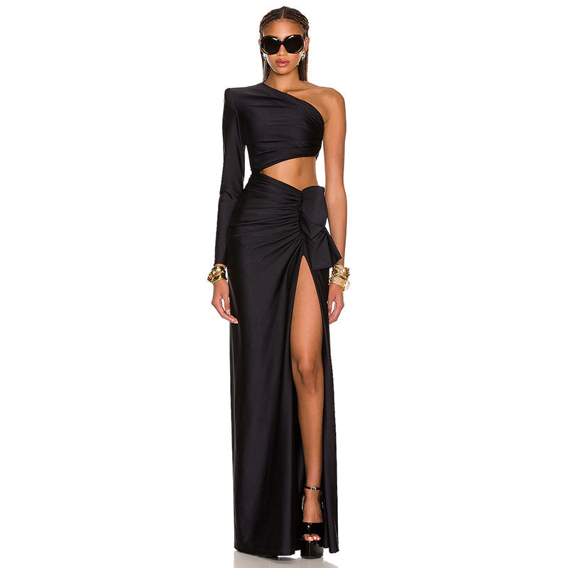 Women's dress sloping shoulders elegant high slit long sleeves