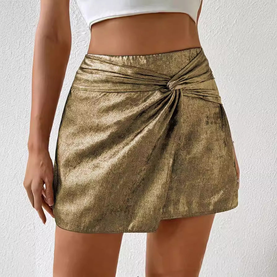 Women's mini skirt elegant pleated with bow metallic