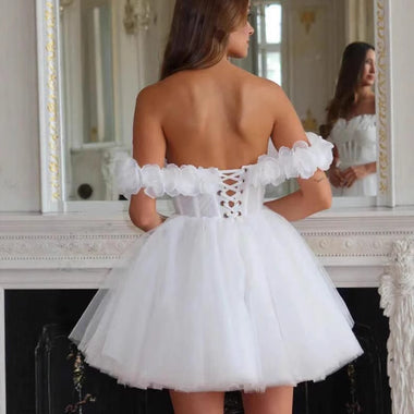 Women’s Short Wedding Dress Elegant Boat Neck Princess Bridal Lace Off-shoulder