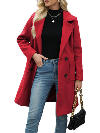 Women’s Coat Elegant Slim-Fit Mid-Length Double-Breasted Turn-Down Collar - 0