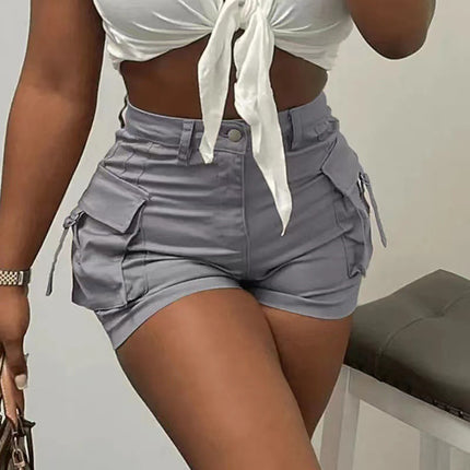 Women's shorts, high waist with pockets, solid color, street clothing