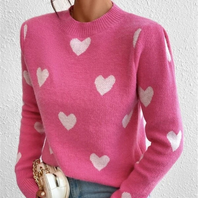 Women's Sweater knitted loose round neck elegant, heart pattern, soft