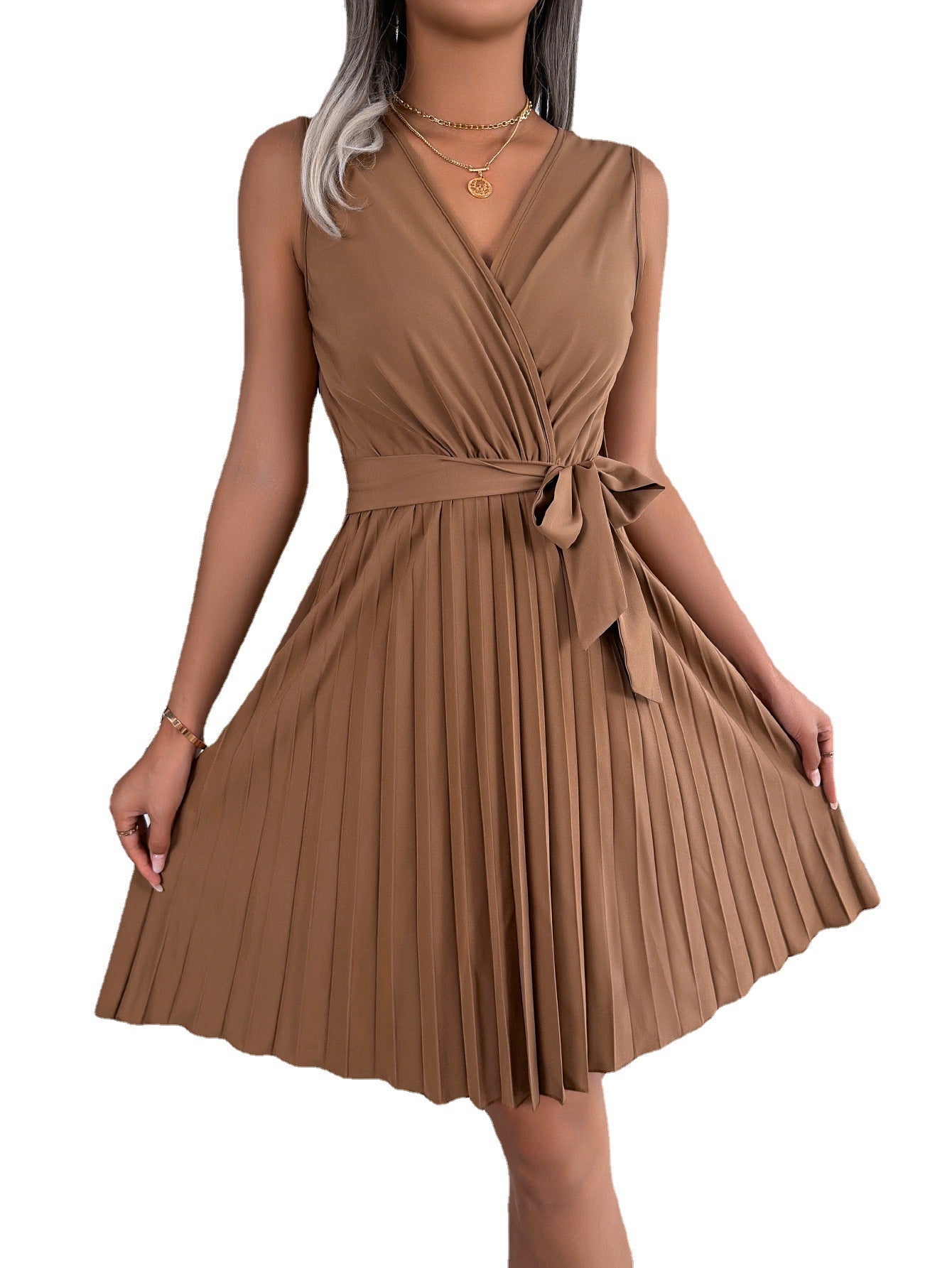 Women's dress pleated fitted sleeveless elegant cross v-neck