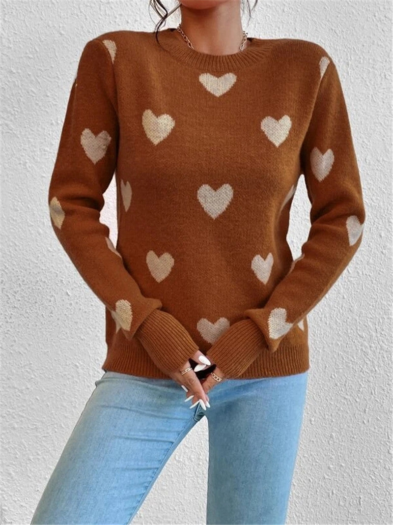 Women's Sweater knitted loose round neck elegant, heart pattern, soft