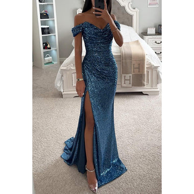 Women's Elegant Split Sequin Evening Dress Off Shoulder