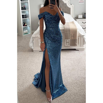 Women's Elegant Split Sequin Evening Dress Off Shoulder