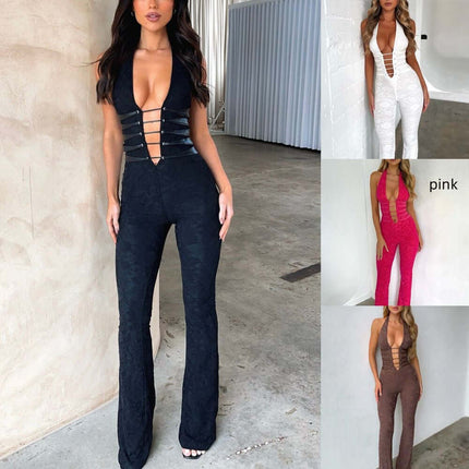  Women's Jumpsuit Sexy Lace Up Slim Backless See Through Fashion