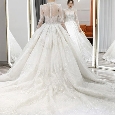 Wedding Dress Lace with appliques, train, long sleeve, peals