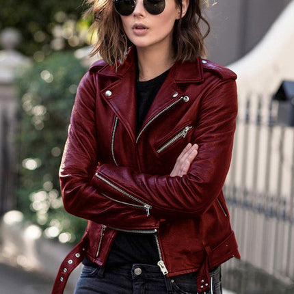 Buy red Women's short jacket faux leather zip elegant fashionable and versatile