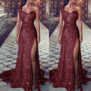 Dress Prom sparkling sequin, one shoulder, sexy high side slit Mermaid