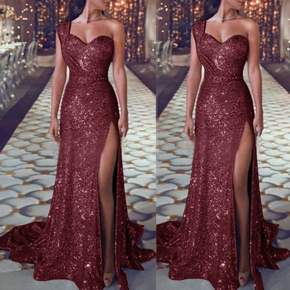 Dress Prom sparkling sequin, one shoulder, sexy high side slit Mermaid