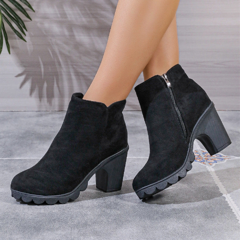 Women's Boots square heel elegant round toe with zipper waterproof