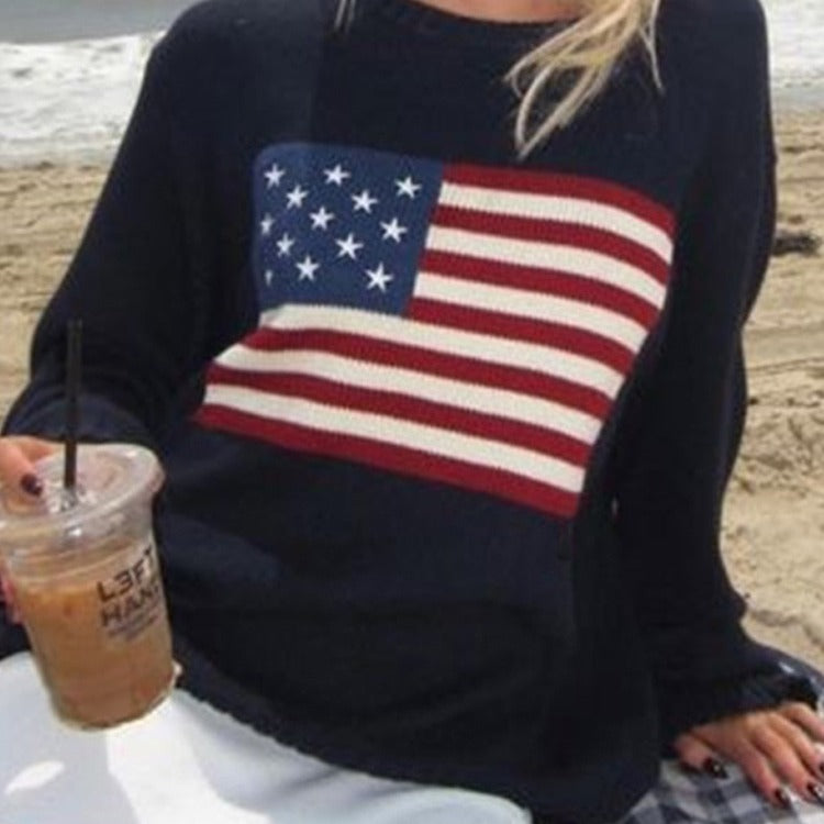 Women's sweater knitted, long sleeve round neck with American flag