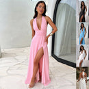 Elegant backless V-neck maxi dress sexy high slit for women