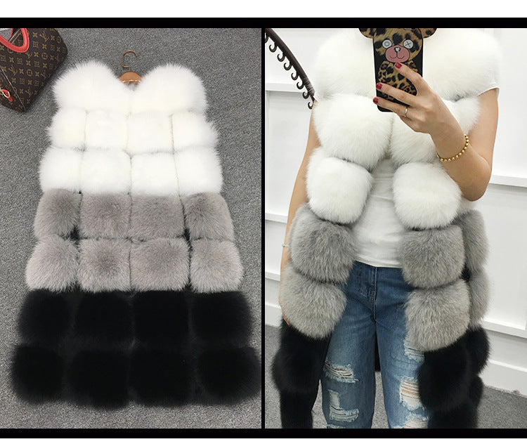 Women's Vest Coat in fox fur with square panels elegant long and warm