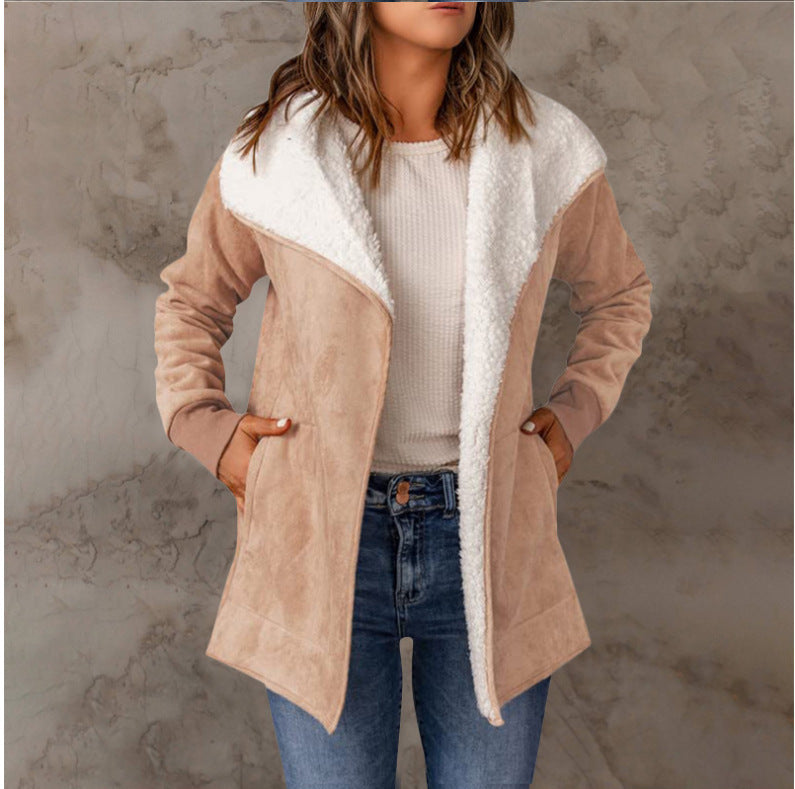 Women's coat warm plush long sleeves trendy open front vintage solid