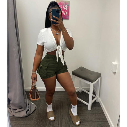 Women's shorts, high waist with pockets, solid color, street clothing