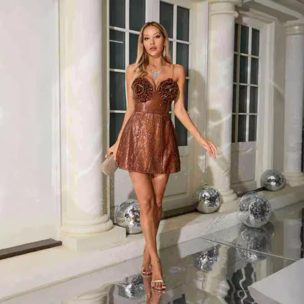 Women's Mini Dress with strap sequined floral elegant shiny