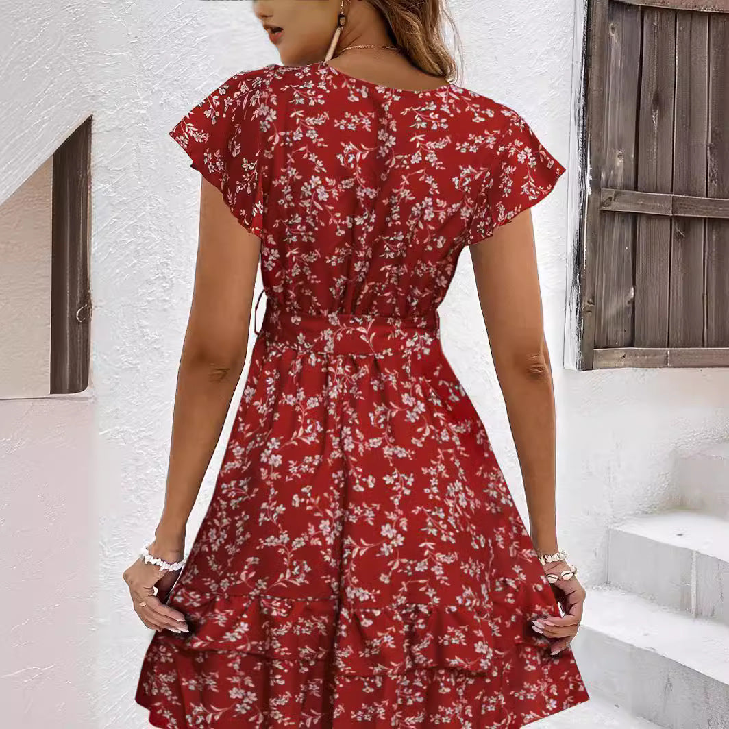 Women's mini dress Bohemian casual printed ruffle sleeve with belt