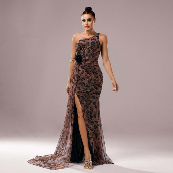 Women’s Gowns Sequined Elegant One Shoulder Leopard Evening Dress