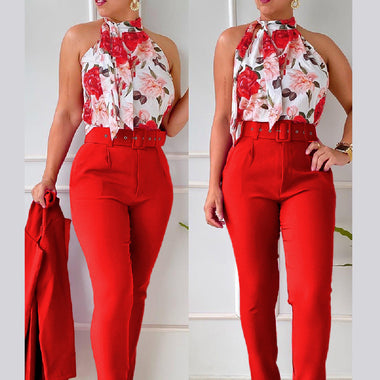 Women's Set Two Piece Pants Floral Top Halter High Waist 
