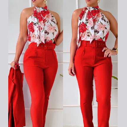 Women's Set Two Piece Pants Floral Top Halter High Waist 