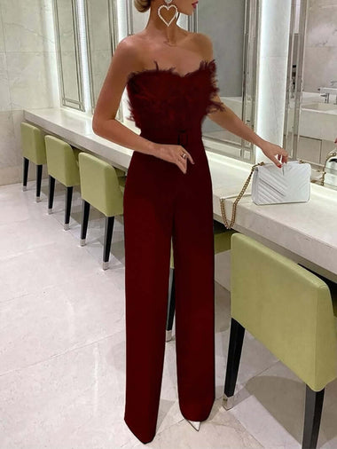Women’s Jumpsuit Ceremony Elegant Feather Tube Top  Wide Leg Pants