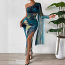 Women's Sexy Maxi Dress Bodycon Slit Elegant Off-the-Shoulder Tie-Dye