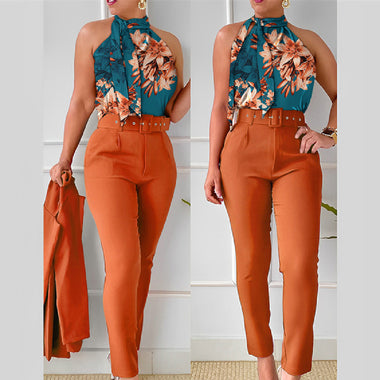 Women's Set Two Piece Pants Floral Top Halter High Waist 