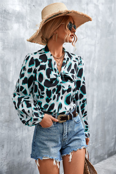 Elegant Women's Shirt with Bow Tie, Chiffon, Printed Long Sleeve